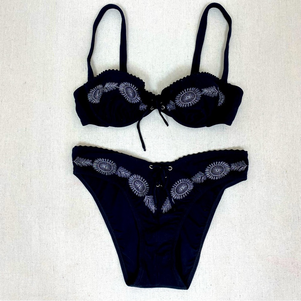 Vintage Two Piece Black Embroidered Swimsuit